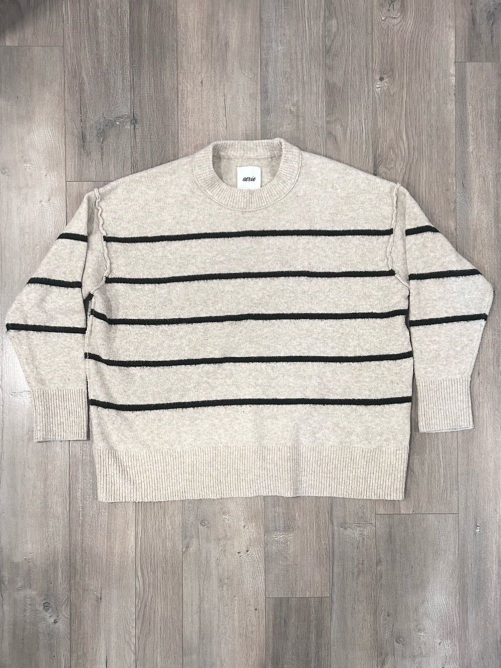 aerie Women’s Cream Crewneck Sweater with Black Stripes